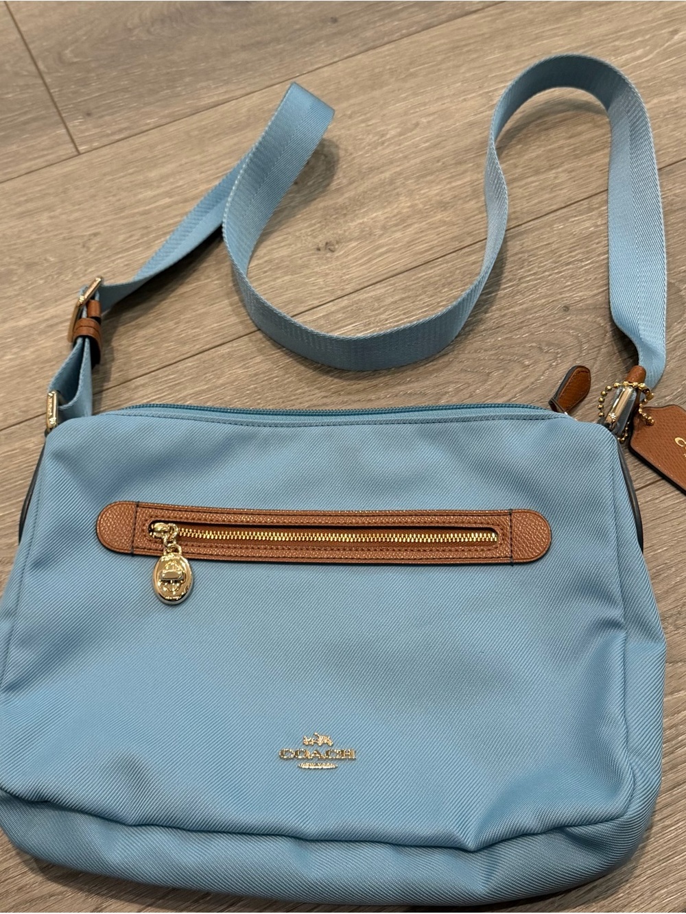 Coach Blue Crossbody Bag with Tan Trim